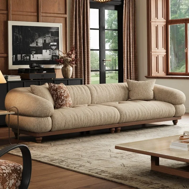 

French medieval straight row three-person fabric sofa, retro light luxury high gram weight filled walnut sofa