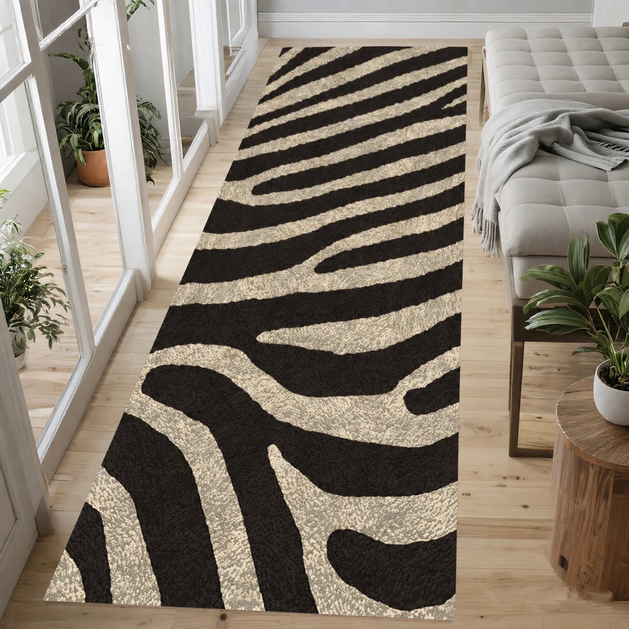 Neutral Beige Black Symmetric Zebra Animal Stripe Print Long Runner Mats Entryway Mats Bathroom Rugs Kitchen Carpets Laundry Room Decorative Mats Balcony Rugs Comfort Standing Pads Modern Minimal Entry Hallway Home Decor