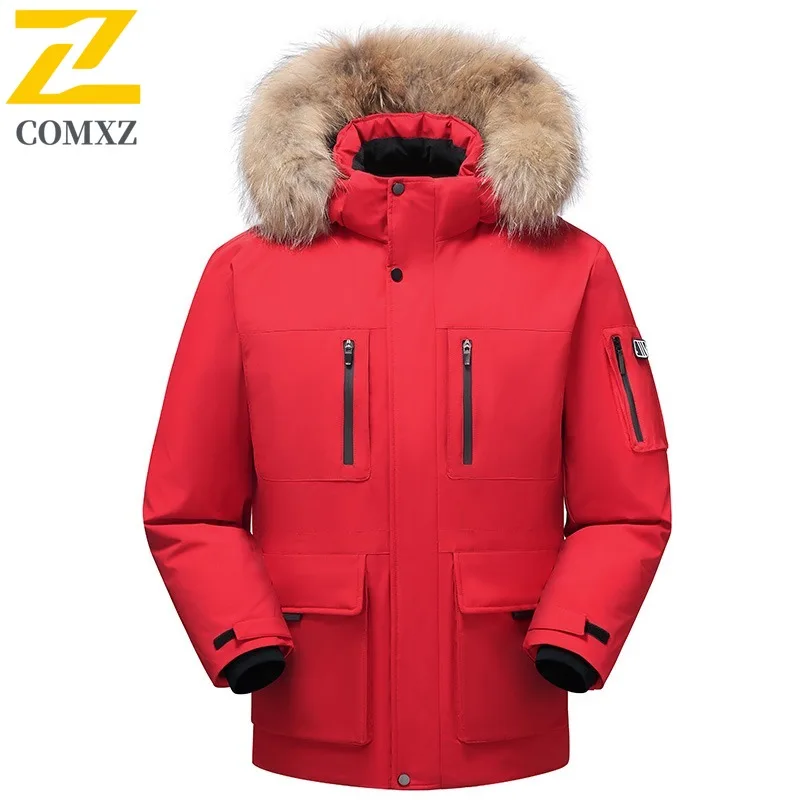 سترة مبطنة للرجال من COMXZ، معطف فاخر بقلنسوة للتزلج في الهواء الطلق ومقاوم للبرد، نمط يومي بسيط، ملابس شتوية خفيفة الوزن للرجال