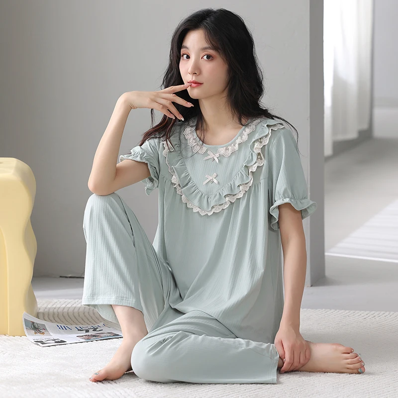 

Newest Summer Women Sleepwear Modal Pijama Short Tops+Long Pants Two Pieces Set Womens Pyjamas Female Nightwear