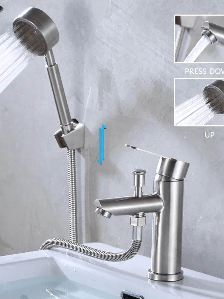 Stainless Steel Basin Faucet Deck Mounted Sink Mixer Tap with Shower Head Bathroom Shower Hot And Cold Water Mixing Valve Nozzle