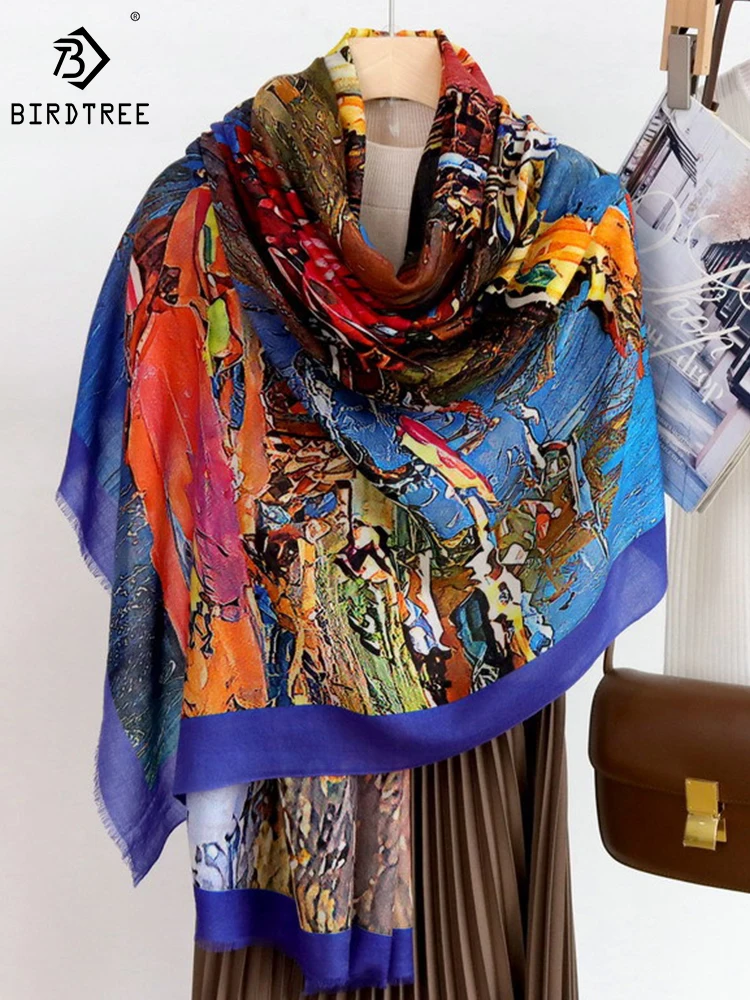 

Birdtree 100%Water-soluble Wool Scarf Oil Painting Handmade Edging Comfortable Literary Elegant Shawl Scarf 2024 Spring A3D926QD