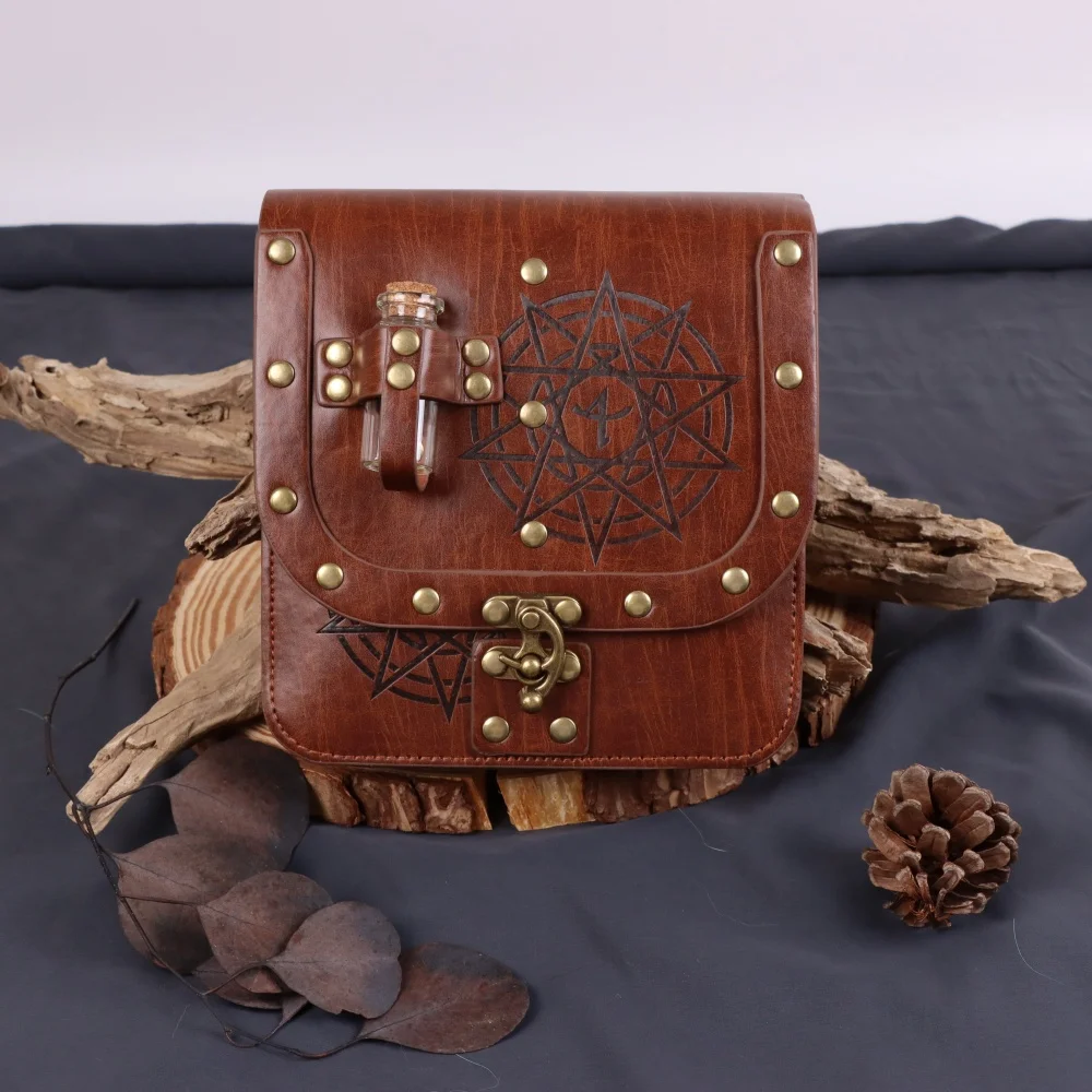 

Medieval Waistcoat Alchemy PU Leather Belt Bag Witch Witch Accessory with Cork Potion Bottle Unisex Brown