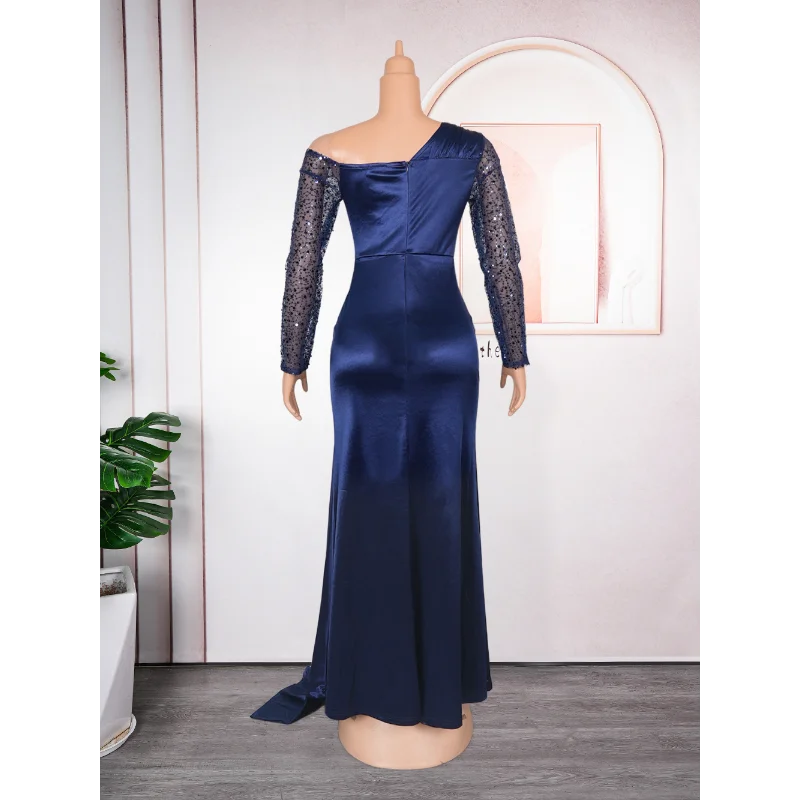 Robe de soirée en dentelle pour femmes, grande taille, couture élégante, plis, Slim, demoiselle d'honneur, traînante, Banquet, asymétrique épaule dénudée, robes longues pour dames