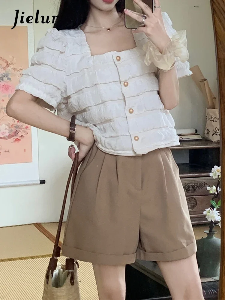 

Jielur Summer New Korean Solid Color Women Shirt Sweet Lady Elegant Chic Shirt Woman Khaki High Waist Slim Street Shorts Female