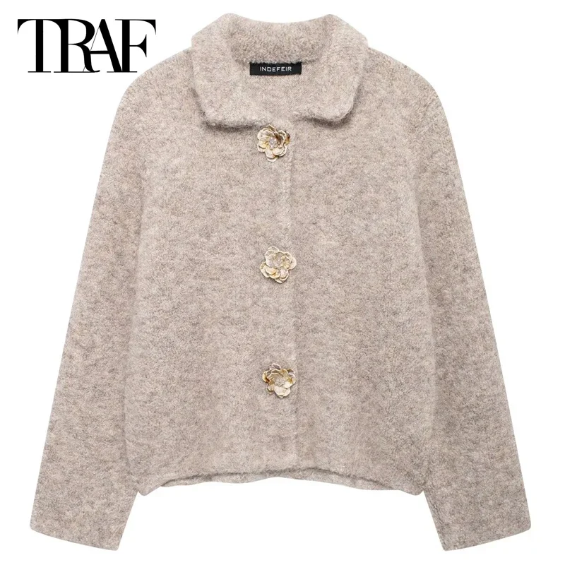 TRAF Flower Button Cardigan Women 2024 Women\'s Sweater Autumn Long Sleeve Khaki Outwears Knit Sweaters Elegant Fashion Cardigan