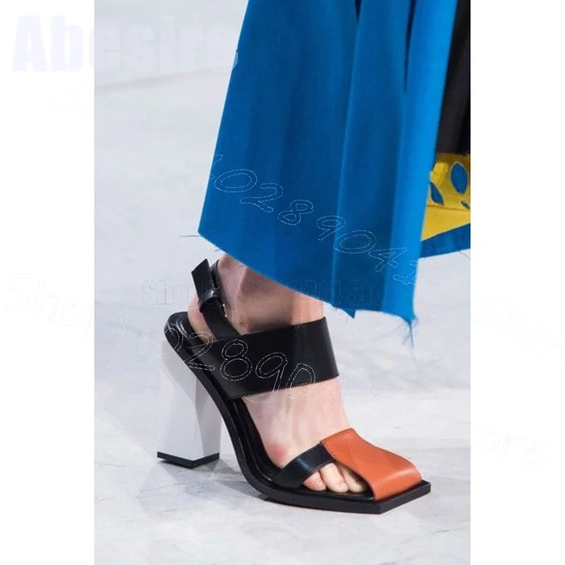 

Colorful Square Toe Hollow Design Sandals Buckle Strap Women Shoes Chunky High Heels New Party Banquet 2025 Zapatos Para Mujere