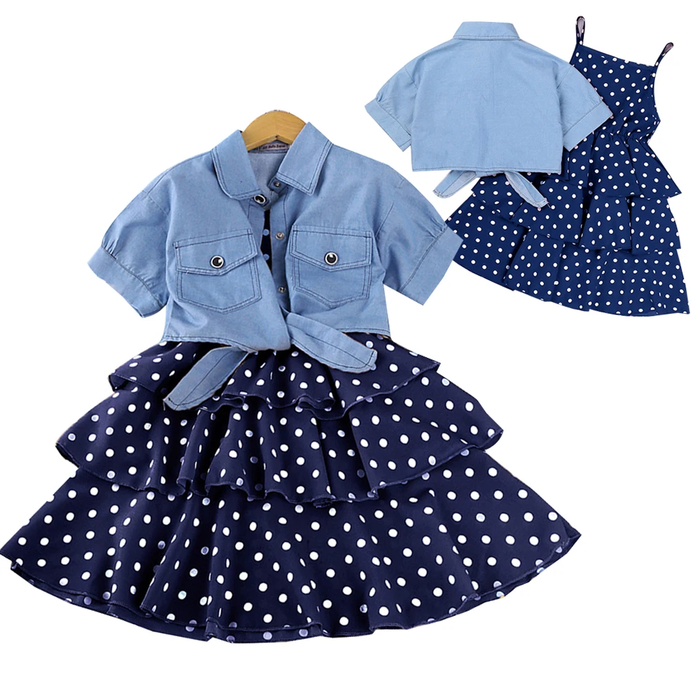 

2PCS Set Denim Like Elegant Kids Clothes 3-12Y Baby Girl Summer Dress Jacket +One Piece Polka Dot Dress Chilrdren Outfits Dres