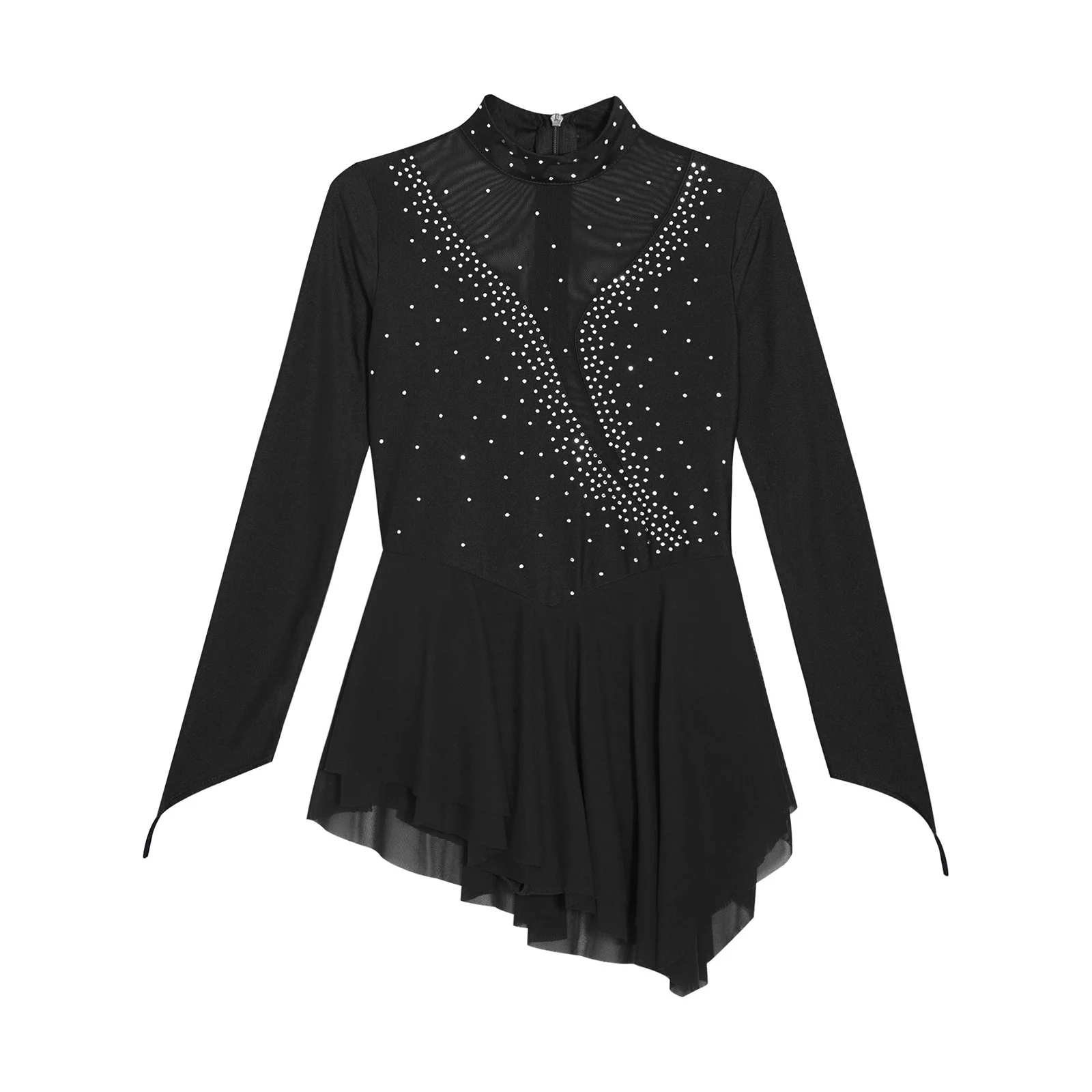 Kids Girls Figure Skating Dance Gymnastics Costume Long Sleeve Rhinestones Sheer Mesh Ballet Tutu Dress Performance Dancewear