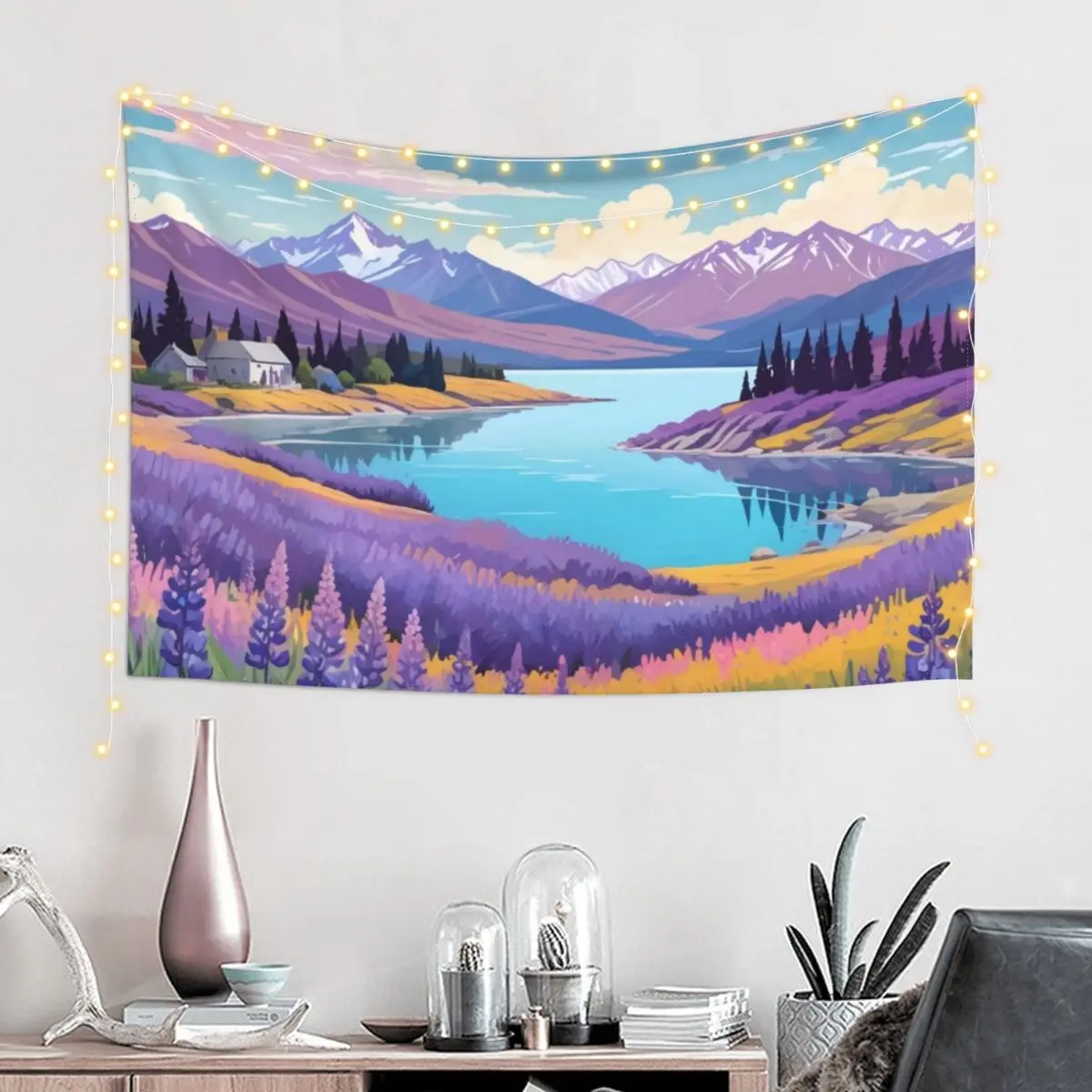 Lake Tekapo and Lupins Tapestry Wall Decoration Items Living Room Decoration Wall Hanging Wall Tapestry