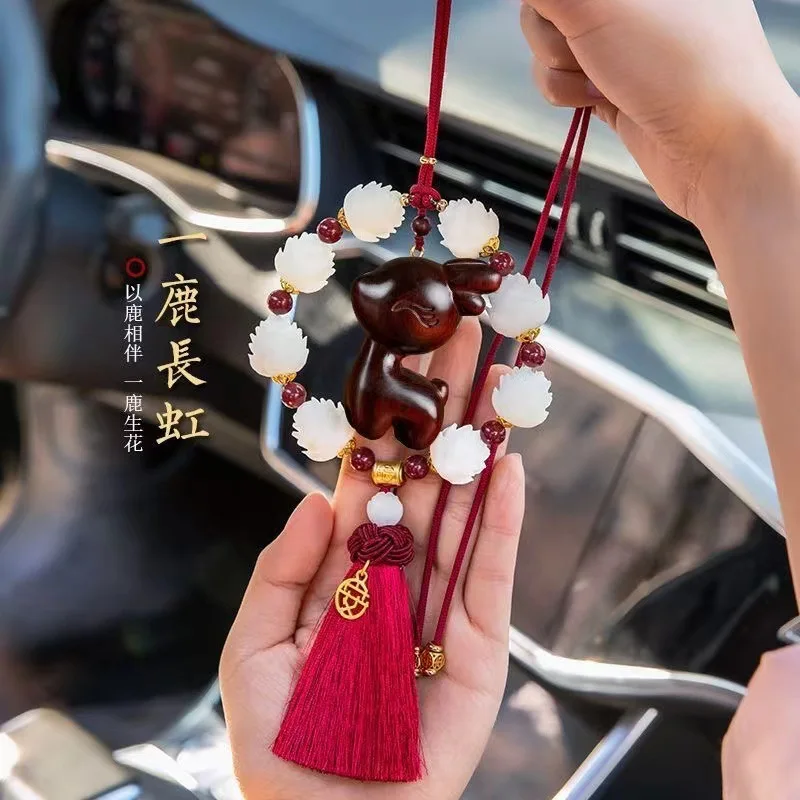 Deer Automobile Hanging Ornament Lotus Car Red Pendant Yi Lu Ping An Car Rearview Mirror High-End Car Hanging Ornaments Lucky Ch