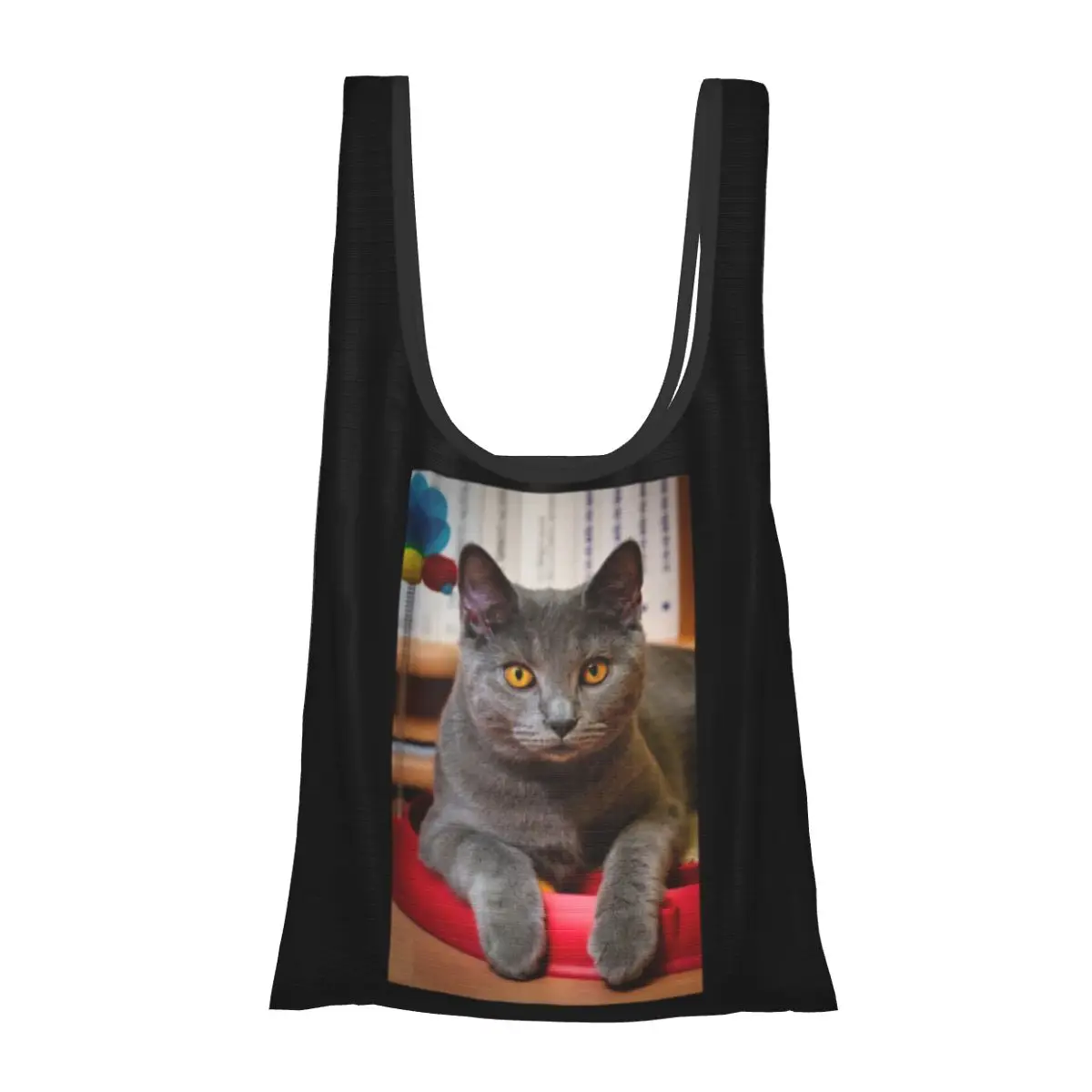 Retrato de gato Chartreux con ojos dorados, bolso de compras portátil, bolso de compras reutilizable, bolso de hombro para comestibles