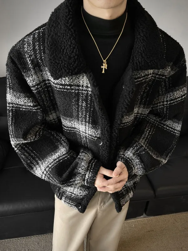 

Laid-ba Plaid Lamb Fur Cotton Jaet Men's Winter Outerwear plus Size Trendy Loose High-end Warmth Polyester Fiber