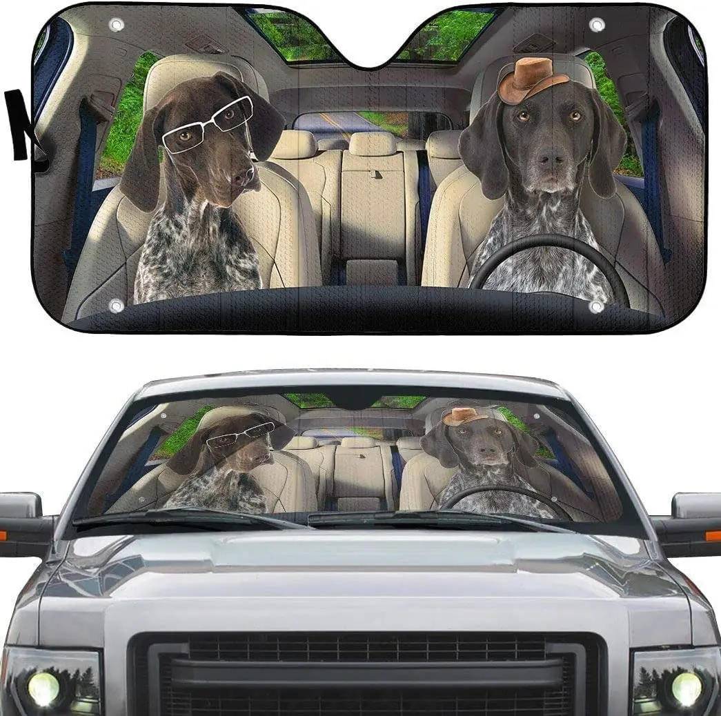 German Shorthaired Pointers Dog in Glasses Left Hand Drive Car Sunshade, German Shorthaired Pointers Couple Driving Auto Sun Sha