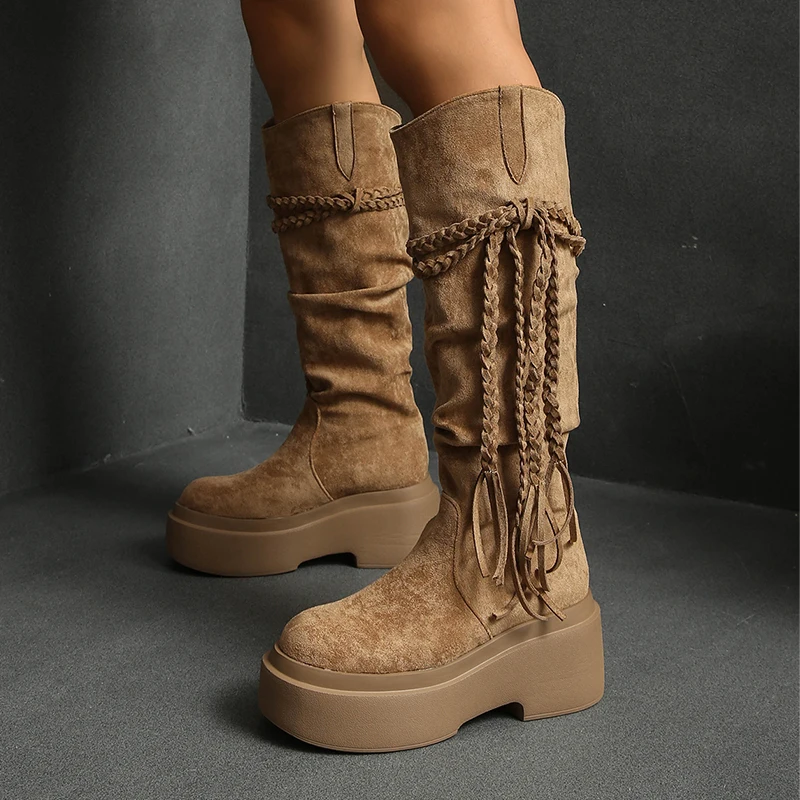 Fringe Women Knee High Boots Platform High Heels Shoes Winter Warm Snow Boots 2025 Trend Pumps Suede Long Boots Chelsea Botas