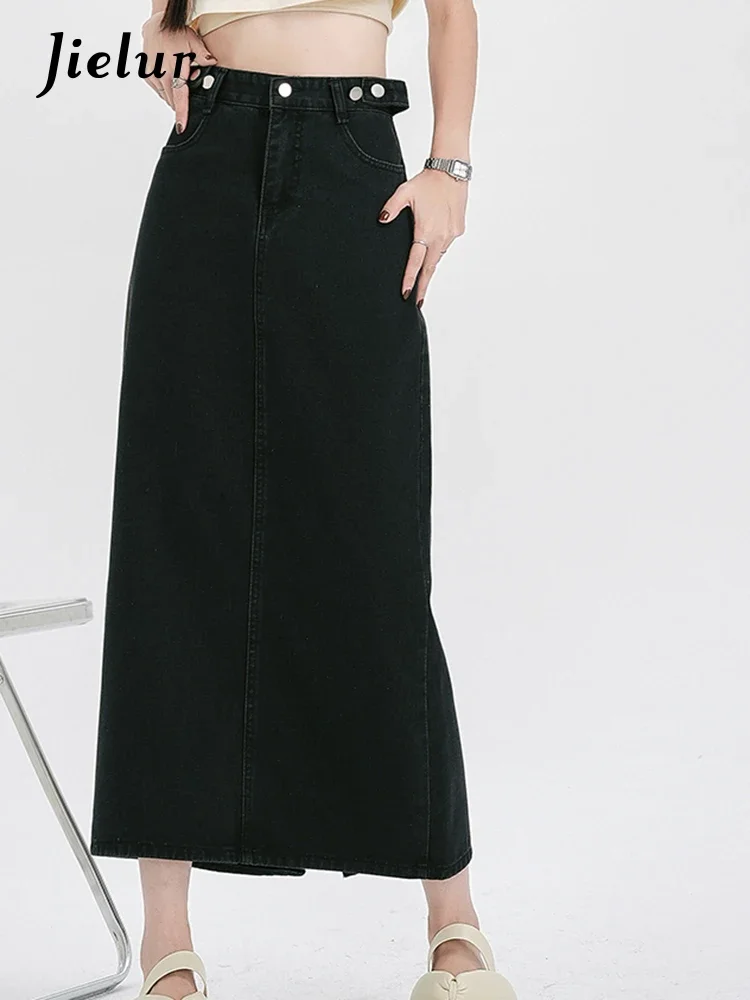 

Jielur Summer New Solid Color Denim Women's Skirt Slim Simple Basic Casual Skirt Woman Blue Split High Waist Loose Skirts Female