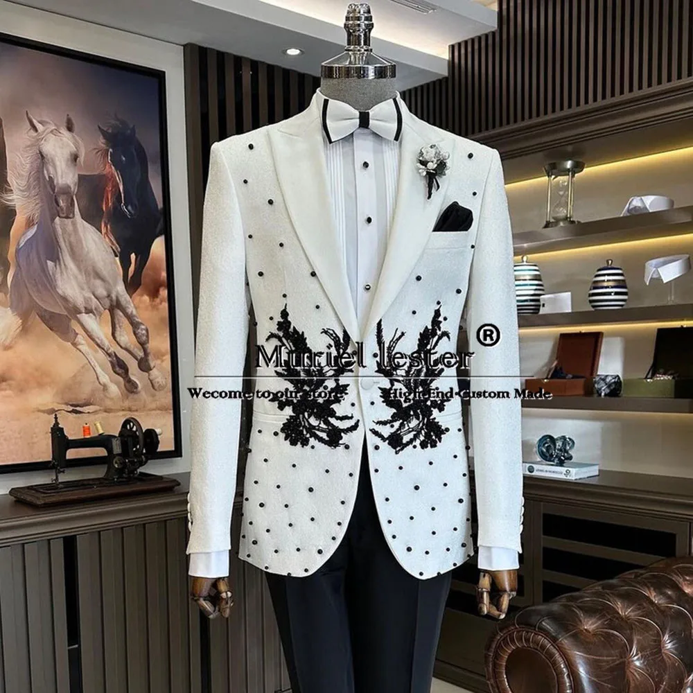 Elegant Black Embroidered Pearls Suits Men For Wedding Tailored Made Single Breasted Jacket Pants 2 Pieces Set Groom Man Tuxedo