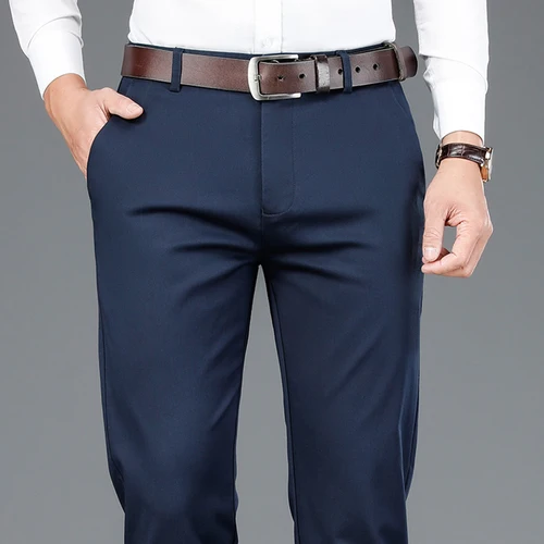 Imagen 1 del producto Pantalones informales de fibra de bambú para hombre, pantalón de algodón elástico de color caqui, estilo clásico, moda de negocios, ropa de marca, primavera 2023