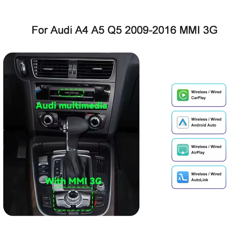Draadloze CarPlay voor Audi A1 A3 A4 A5 A6 A7 A8 Q2 Q3 Q7 Android Auto met AirPlay Mirror Link Car Play functies BT module GPS