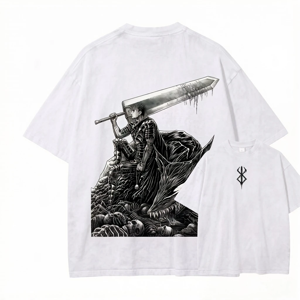 T-shirt double face Berserk Guts Dragon Slayer 2026, motif crâne empilé noir et blanc, imprimé anime, en coton oversize pour hommes, femmes et fans