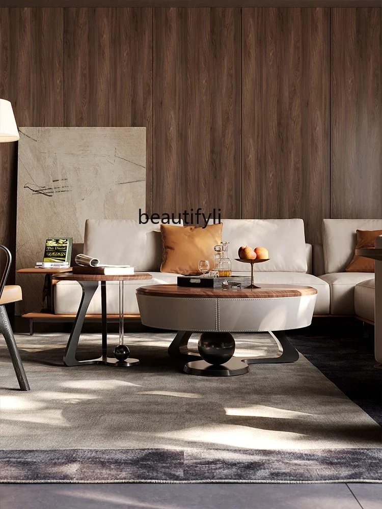 

K185 Italian Light Luxury Living Room Home High-Grade White Wax Solid Wood Size round Coffee Table Combination Minimalist