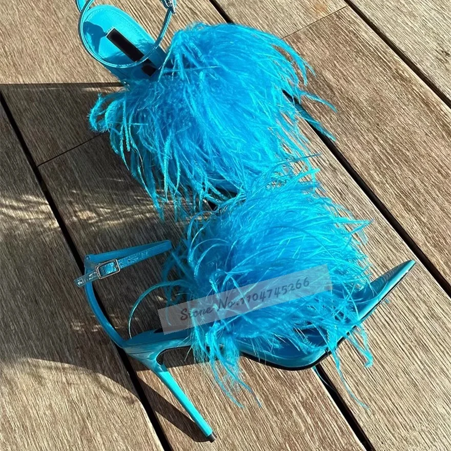 

Lake Blue Green Feather High Heel Sandals Women Stiletto Heel Pointed Toe Fluffy Fur Dress Shoes Elegant Fringe Banquet Pumps