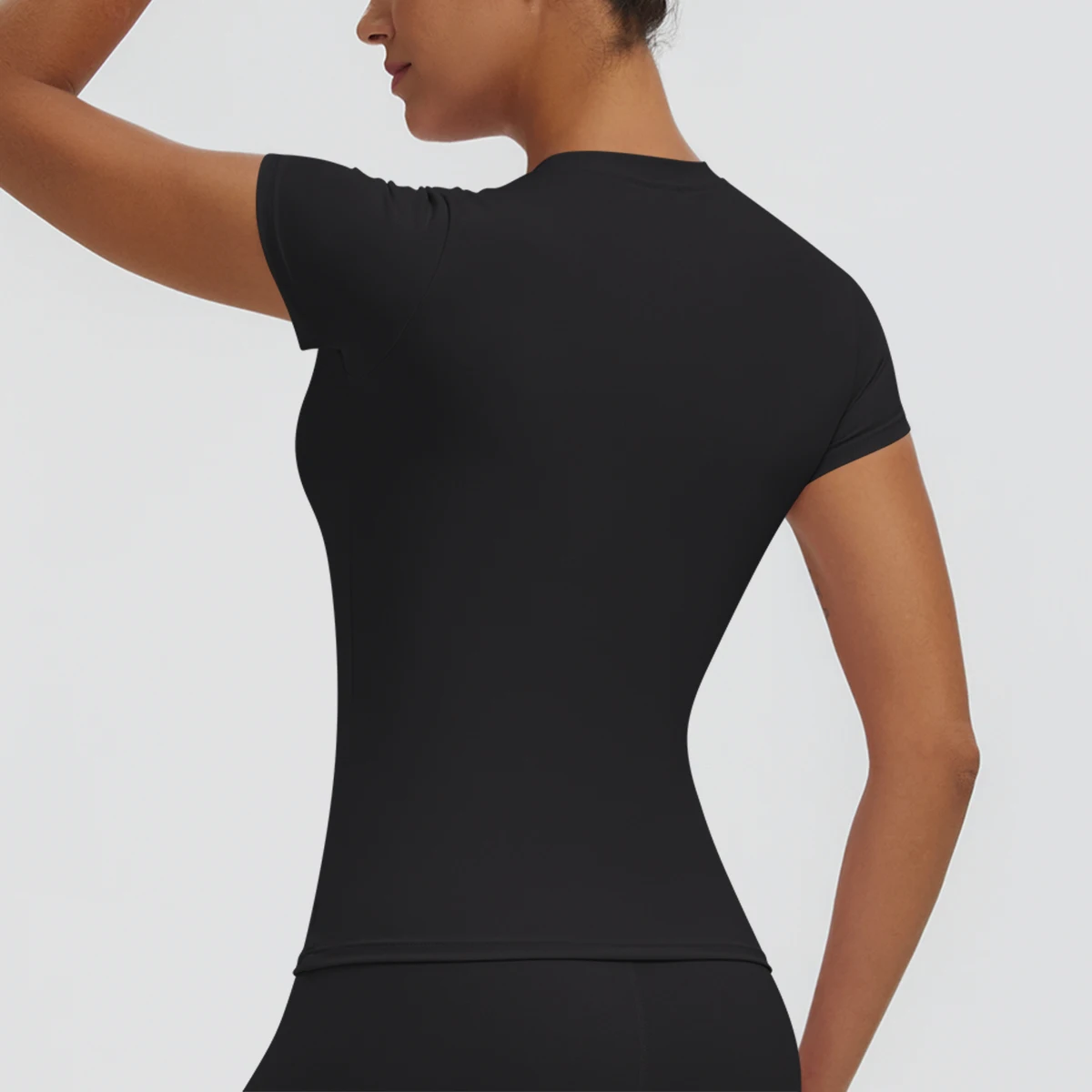 Hochelastisches, schnelltrocknendes, einfarbiges Yoga-Kurzarm-T-Shirt für Damen, Workout-Oberteil, schmal geschnittenes, lässiges Sport-, Lauf-, Fitness- und Yoga-T-Shirt. – Detail 12
