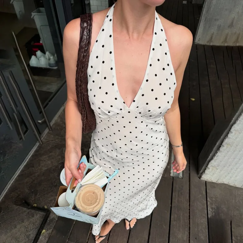 Tuularose Polka Dot Hanging Neck Long Dress Women Elegant Strapless Sexy Lace-u… - Image 5