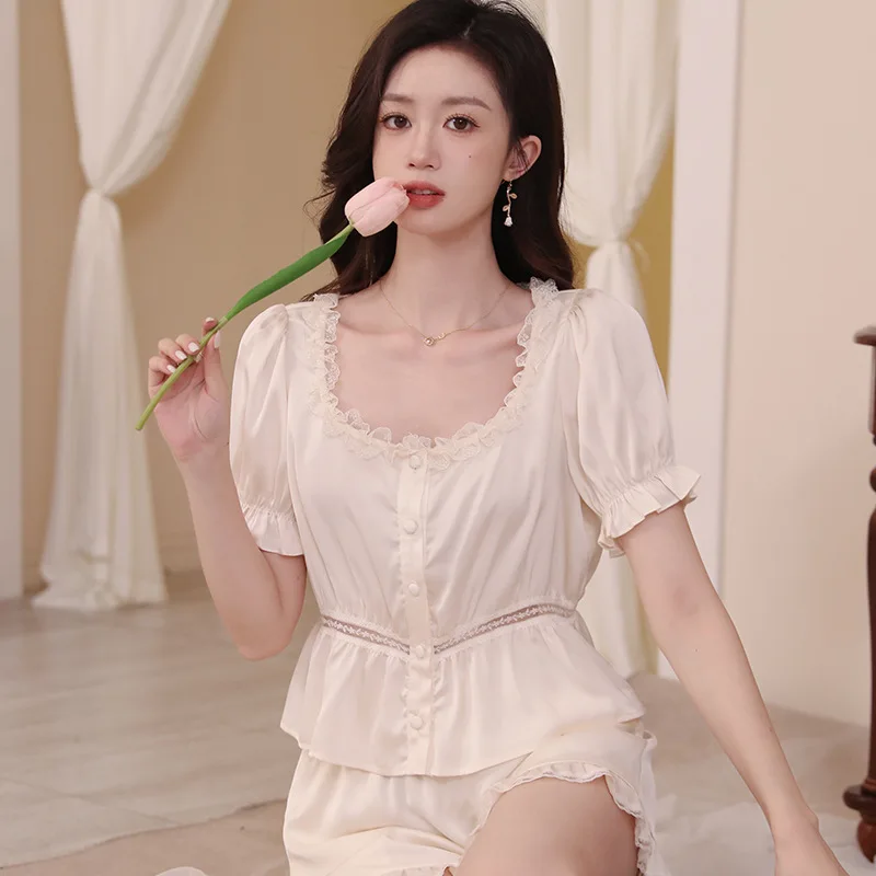 2023 Summer Ice Silk Pajamas Women's Sweet French Court Style Short Sleeve Shorts Two Piece Home Suit Square Collar Loungewear