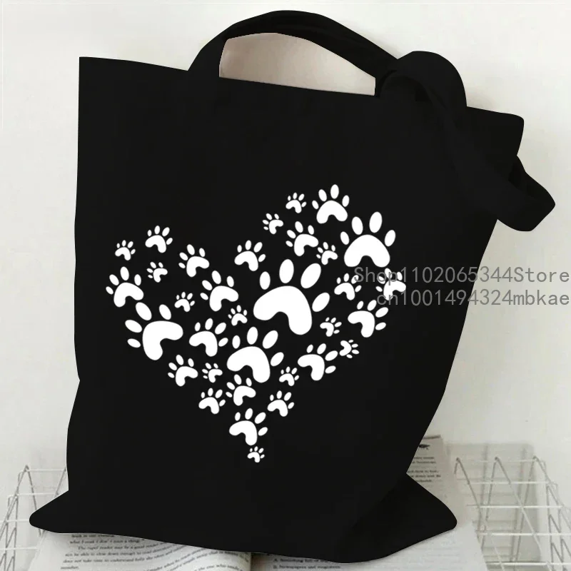 Women Dog Paw Heart Printed Shoulder Bag Cartoon Cute Retro Canvas Tote Bags Men Reusable Shopping Bag Fashion Lady Handbags