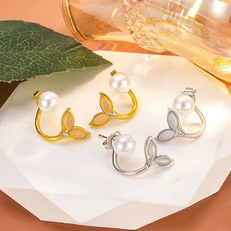 Korean Fashion Fish Tail Ear Stud Simple Temperament Rear Hanging 925 Silver Earrings Creativity Pearl Earring For Women KOFSAC