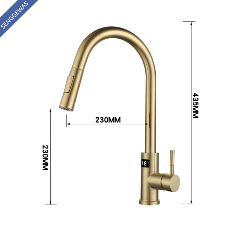 Imagem -06 - Torneira de Ouro de Torneira de Cozinha Luxuosa Torneiras Puxadas Exibição de Temperatura Digital Água Quente e Fria Aço Inoxidável 304 Escovado