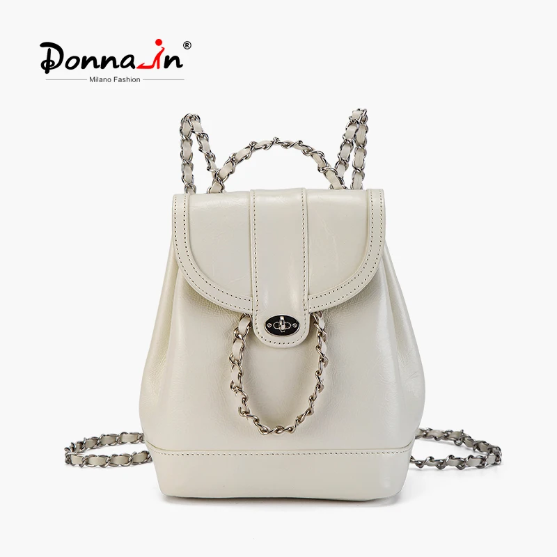 Donnain Fashion vera pelle donna Beige Mini City zaino catene in metallo borse da donna zaini Street Travel