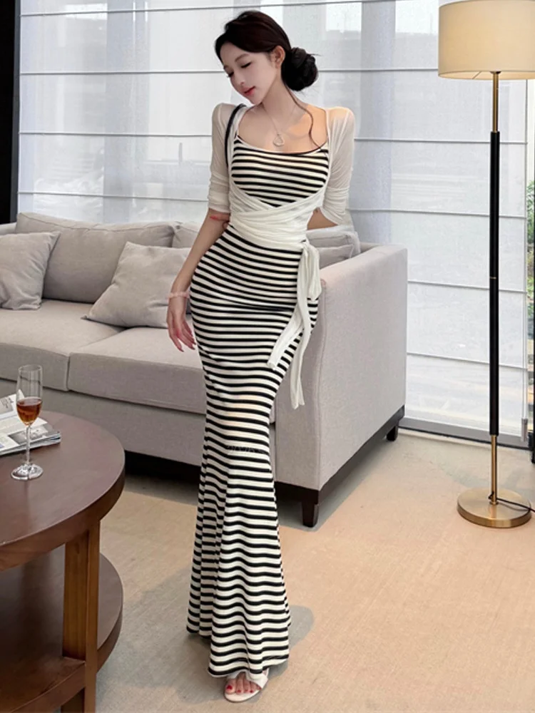

Black White Striped Bodycon Dress Fish Tail Design Sun Protection Open Cardigan Set Korean Style Sexy Slimming Base Layer