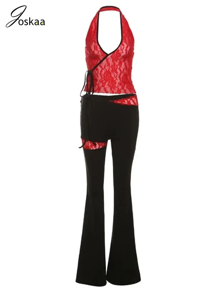 

Joskaa Chic and Elegant Woman Set Sexy Lace Halter Crop Tank Tops+Patchwork Flared Pants 2 Piece Sets 2025 Y2K Streetwear