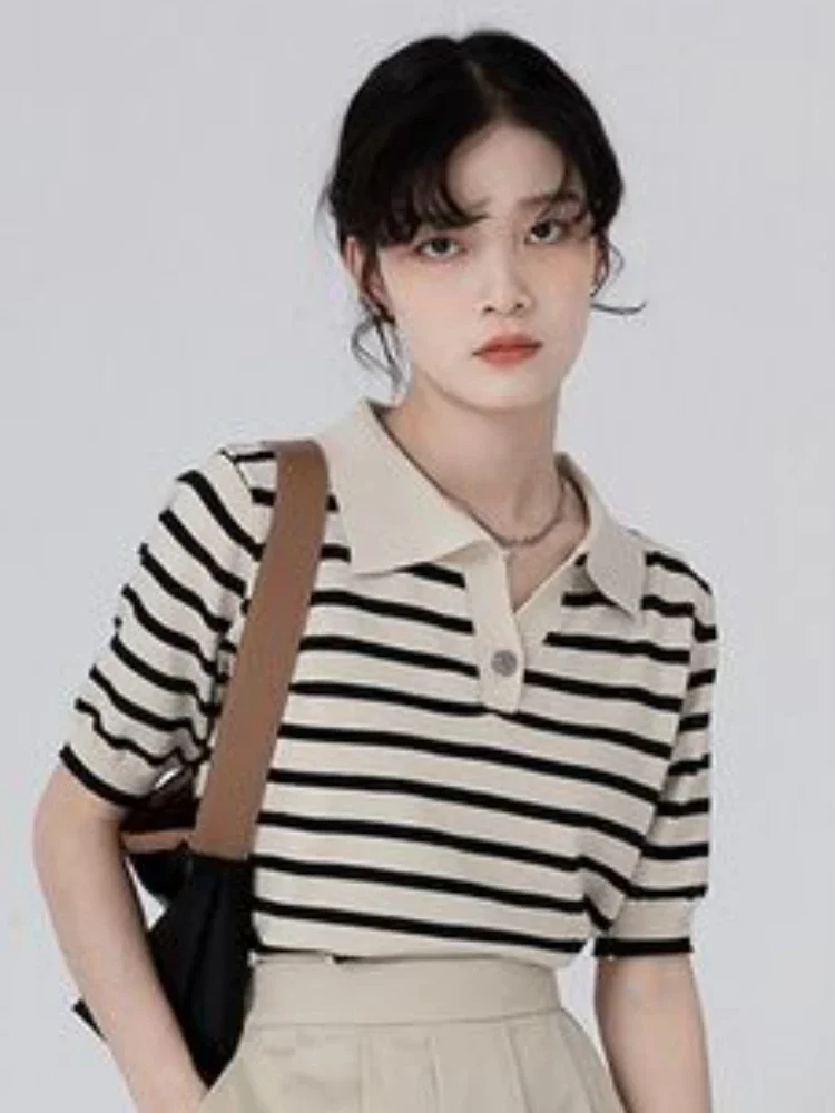 T-shirt lavorate a maglia a righe per donna Manica corta Retro Quotidiano Stile coreano Moda Primavera Vintage Casual Ladies Фут misce Жaki