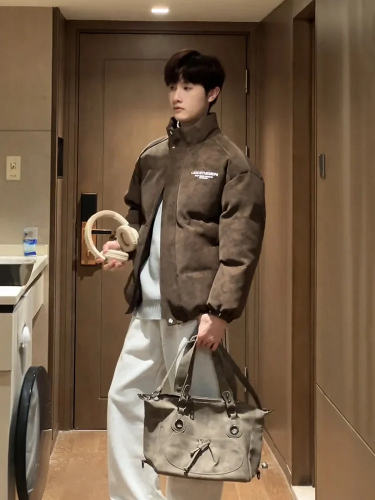 

Мужская хлопковая куртка из искусственной кожи с воротником-стойкой, окрашенная в американском стиле, высококачественная верхняя одежда из хлопка с воротником-стойкой