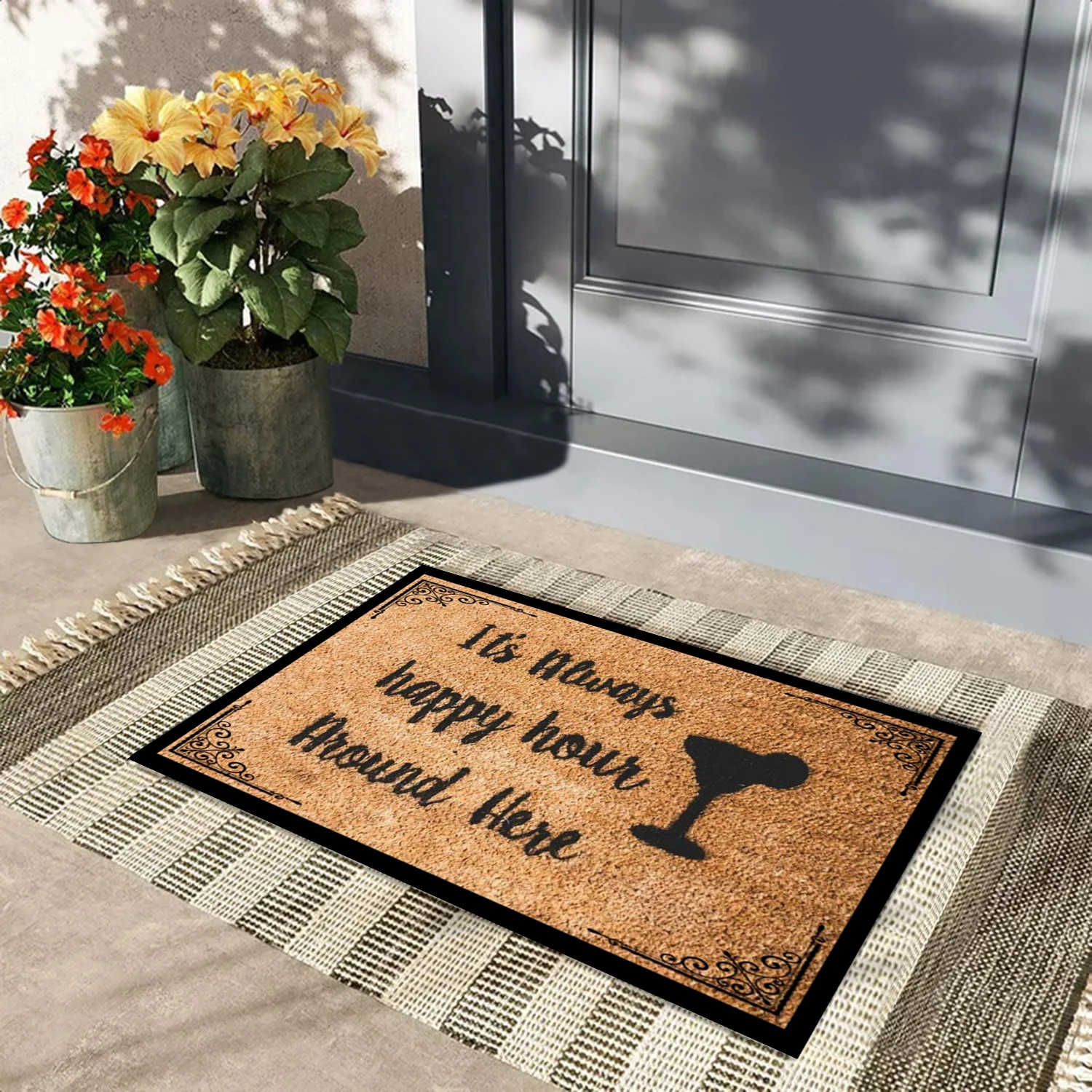 

Happy Hour Welcome Mat For Floor Rubber Backing Anti Slip Margarita Wine Doormat Outdoor Front Door Mat 18x30 Rug Decor Carpets