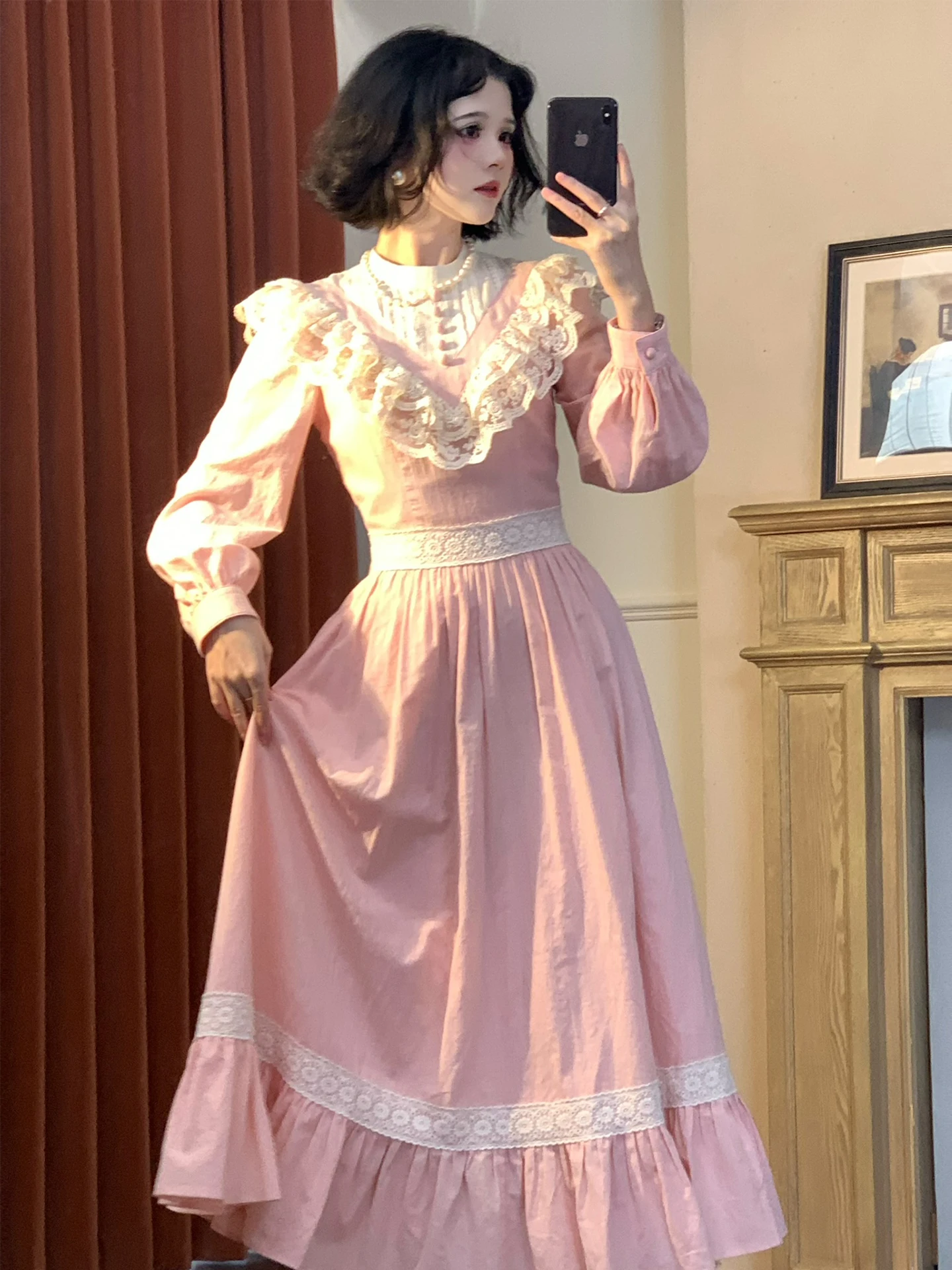 TIYIHAILEY printemps automne coton femmes robe rose à manches longues mi-mollet dames vêtements S-L Vintage taille haute 2026 dentelle