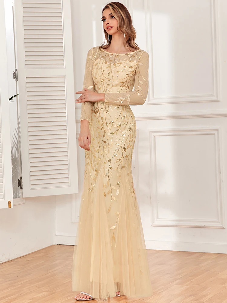 2024 heißer Verkauf Meerjungfrau Abendkleider Oansatz Volle Hülse Tüll Stickerei Lange Party Kleid Elegante Formale Kleid – Detail 11