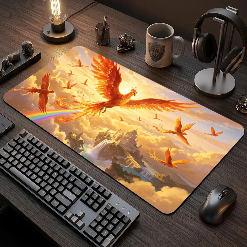 60X35cm Phoenix Rainbow Sky Castle Play mat Large Table Mat with Stitched Edge Non-Slip Rubber Desk Pad for Card Gaming