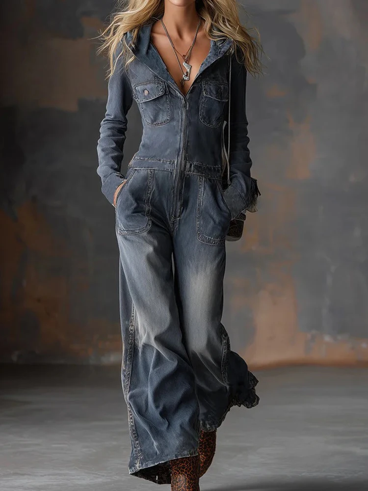 

2026 Holiday Hooded Long Sleeve Jumpsuits, Women Spring Summer Zipper Patchwork Playsuits, Chic Wide Leg Pants Ladies Bodysuits