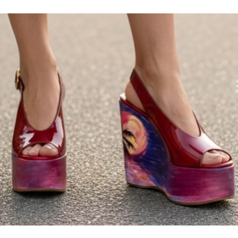 Red Patent Leather Graffiti Platform Wedge Heels Sandals Woman Summer 2026 Slingback Open Toe High Heels Beach Party Shoes