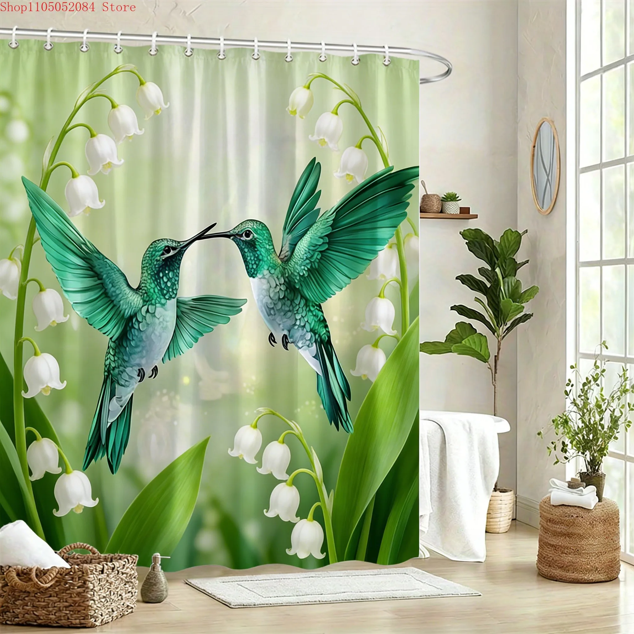 Pair of Green Hummingbirds & Lily of the Valley Waterproof Shower Curtain for Bathroom Decor multiple sizes