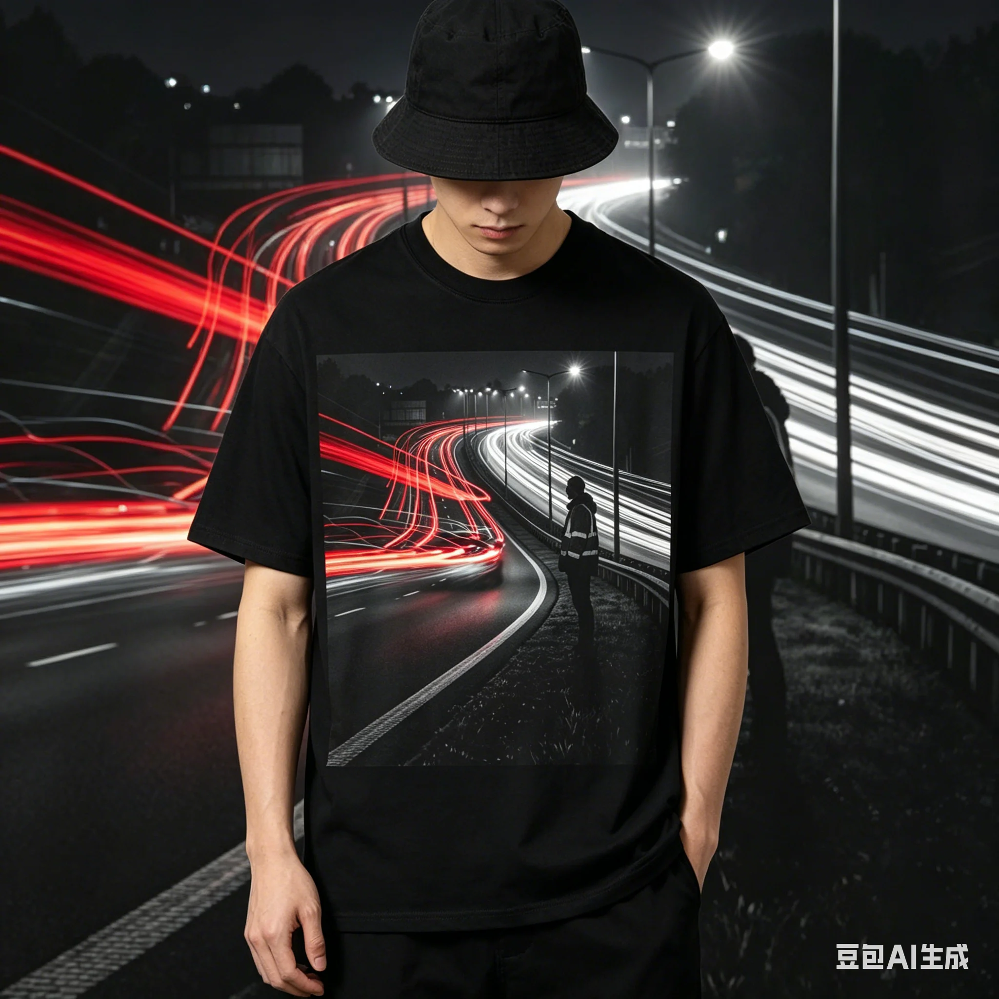 

Men's Night Highway Light Trails Graphic T-Shirt, Black Streetwear Tee