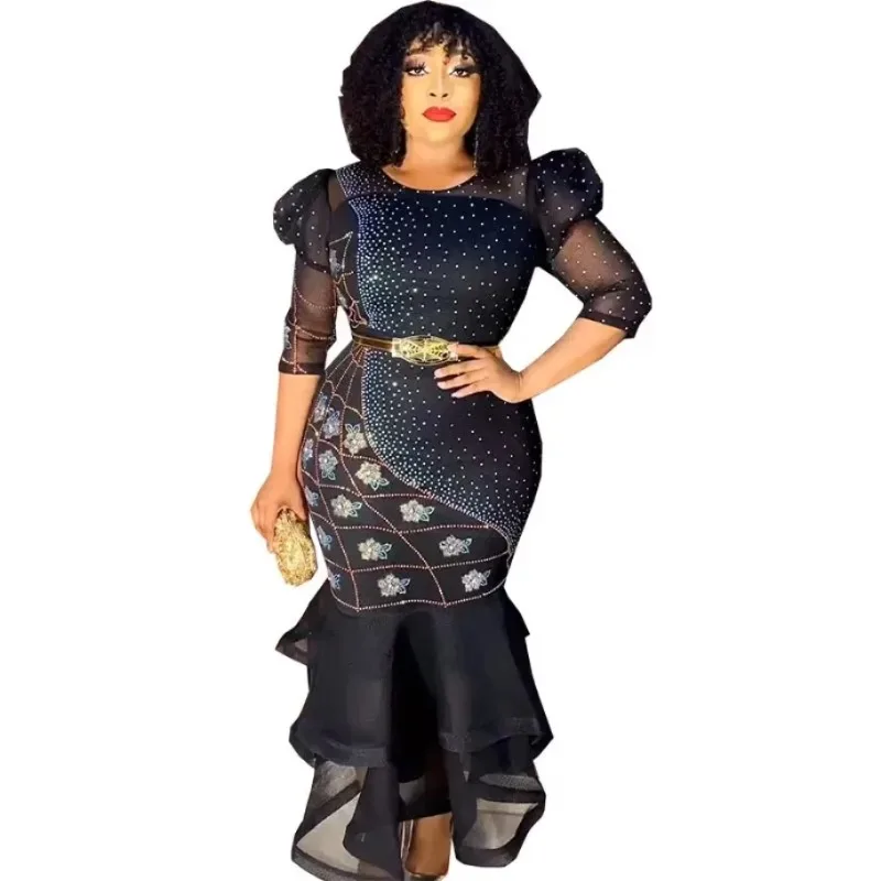 فساتين أفريقية مخصصة للنساء ترتر مساء حفل زفاف فستان حورية البحر الأفريقي نصف كم فستان طويل Dashiki الأفريقي C #3