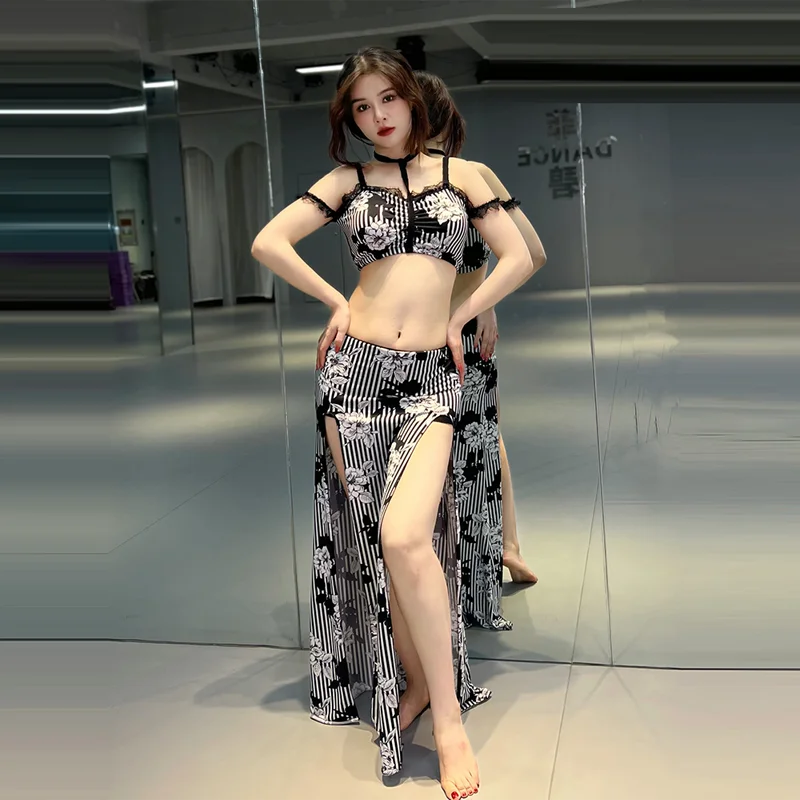 New belly dance practice suit Summer sexy lace stripe slimming Eastern dance practice suit Performance suit set