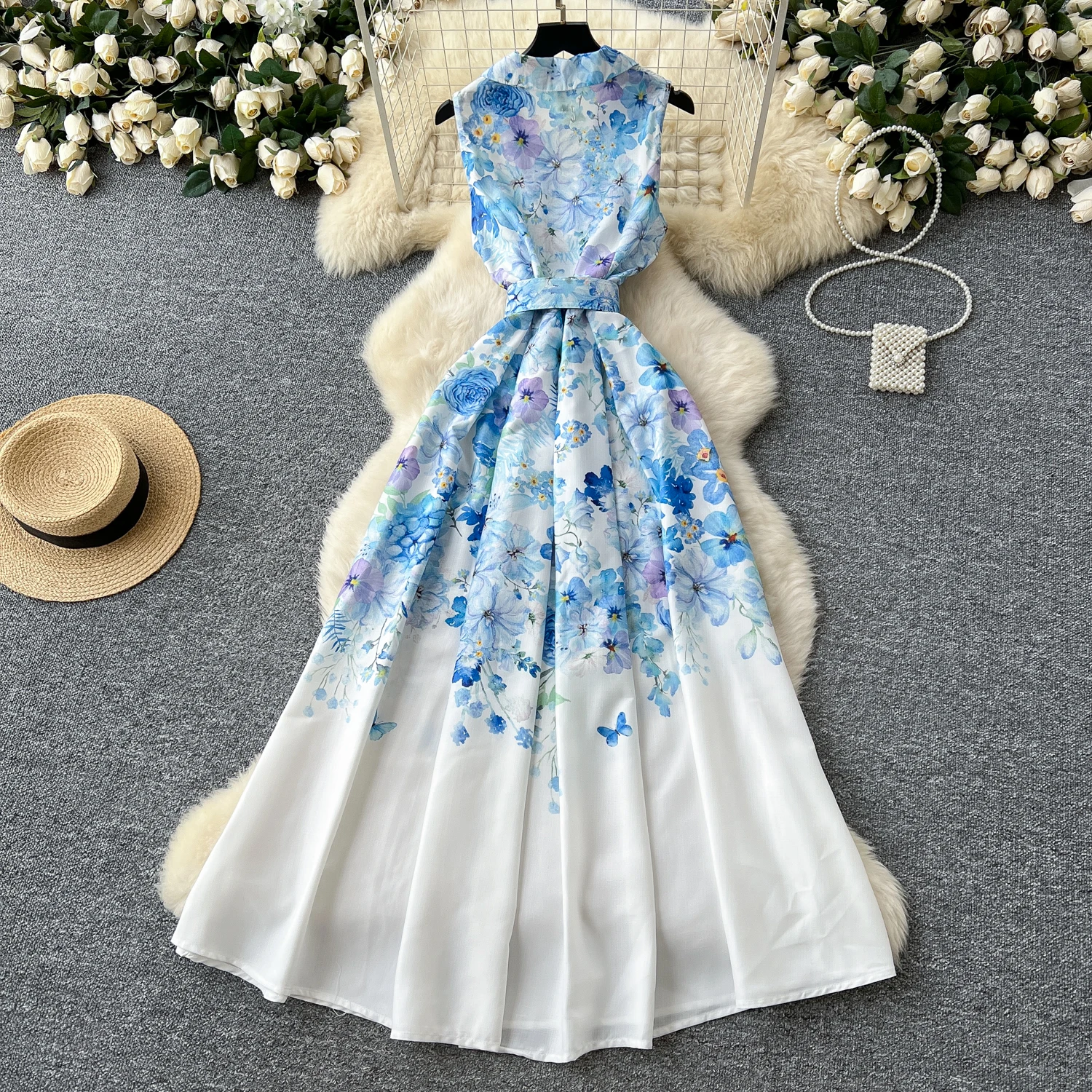 فساتين صيفية للعطلات بصدر واحد وياقة مدببة ملابس نسائية رائعة بحزام مطبوع عليه زهور فساتين طويلة للحفلات