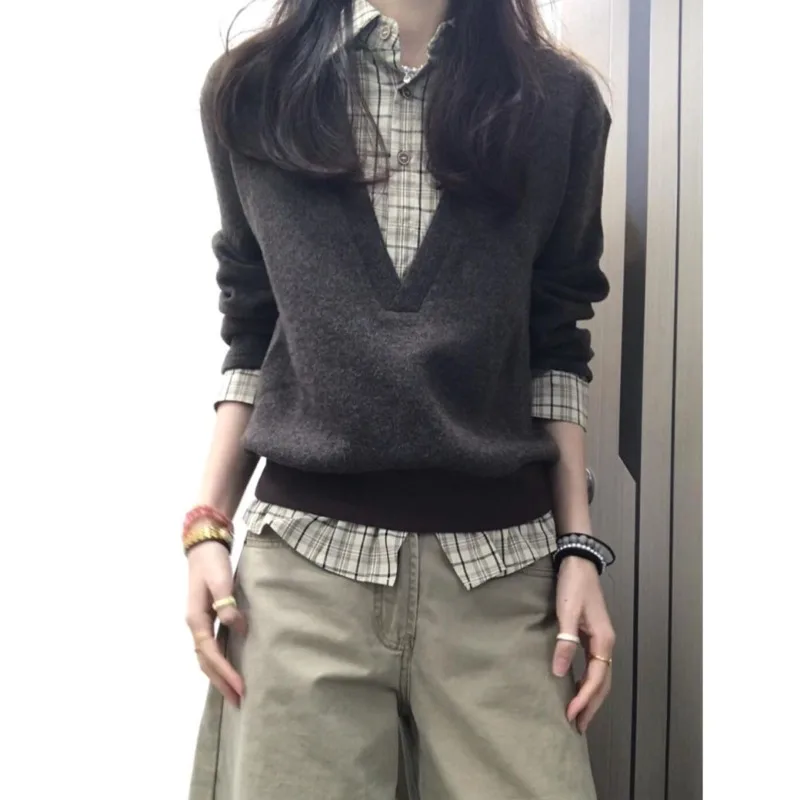 Kimutomo Women Knitted Sweater Plaid Patchwork Fake Two Piece Autumn 2026 Fashion Vintage Pullover Female Y2k Aesthetic Jumper