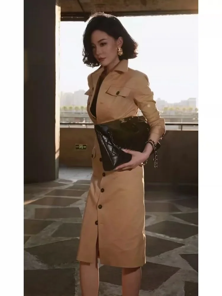 فستان بولو RAIN YAN LIN بقصة ضيقة بلون سادة وأكمام طويلة على الطراز البريطاني للنساء، فستان أنيق للتنقل في الربيع